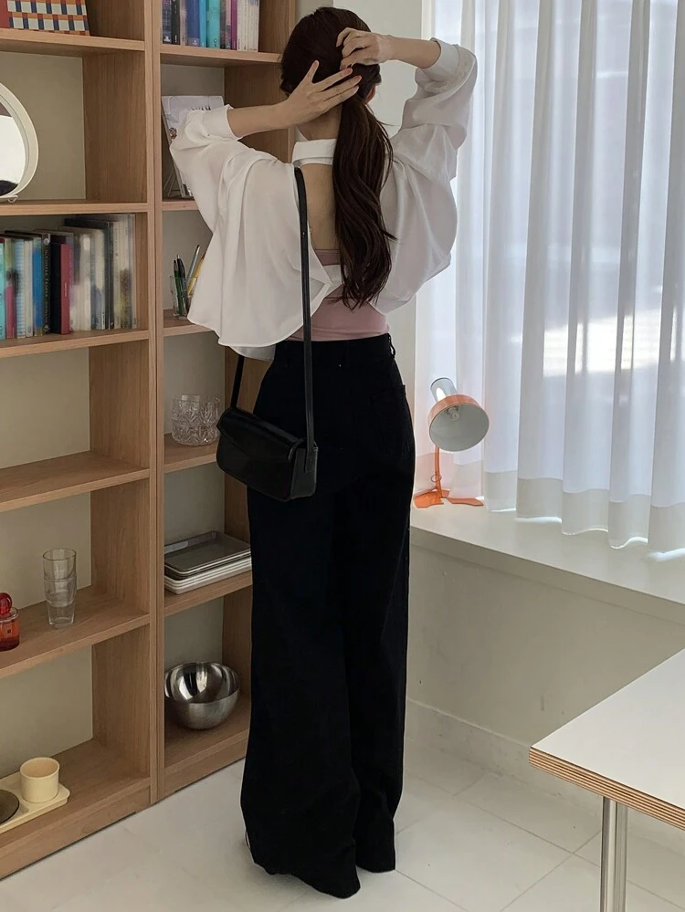 Women's Solid Color Loose Fit Black Pants, Business Casual Year-Round