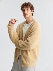 Ontre Men's Solid Color Drop Shoulder Long Sleeve Single-Breasted Casual Knit Cardigan, Fashion Minimalist Style For Valentine's Day, Holiday, New Year Party, Daily Casual, Travel