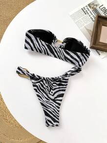 Swim Vcay 2025 Khu Nghỉ Mát Gợi Cảm In Ngẫu Nhiên Áo Ngực Dây Có Dây Rút Tam Giác Đáy Bộ Bikini Nữ Mùa Hè - Đen và trắng - Xem 2