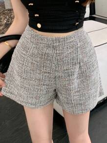 DAZY 女士格子休闲短裤，日常穿着 - 灰色 - 查看 2
