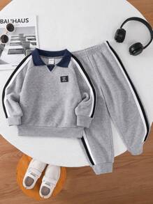 SHEIN 2pcs Baby Boys Color Block Collar Long Sleeve Top And Ribbed Cuff Pants Set - Grey - View 8