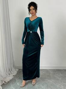 Modelyn Damska elegancka zielona aksamitna plisowana perłowa zdobiona sukienka typu bodycon, jesienno-zimowa długa damska sukienka wieczorowa