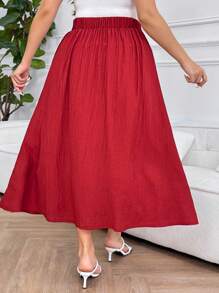 SHEIN LUNE Falda elegante de línea A con volantes y abotonadura sencilla de color rojo para mujer de talla grande - Burdeos - Ver 2