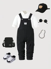 Young Boy Daily Casual All-Match Cute Simple Logo Relaxed Comfortable Side Pocket Black Denim Bib Overall Jeans - Black - View 4