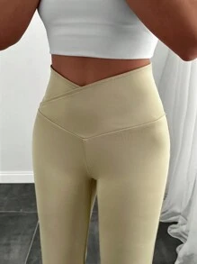 SHEIN Women's Solid V Waist Flare Leg Pants - Beige - View 6