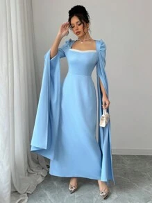 Elenzga 女士珍珠纹理缎带细节不对称下摆长袖连衣裙 - 藍色 - 查看 3