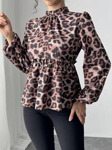 Chiquease 女士优雅荷叶边豹纹长袖休闲衬衫 - 彩色 - 查看 5