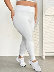 SHEIN CURVE+ Mallas de cintura alta elástica de un solo color en talla grande - Blanco - Ver 5