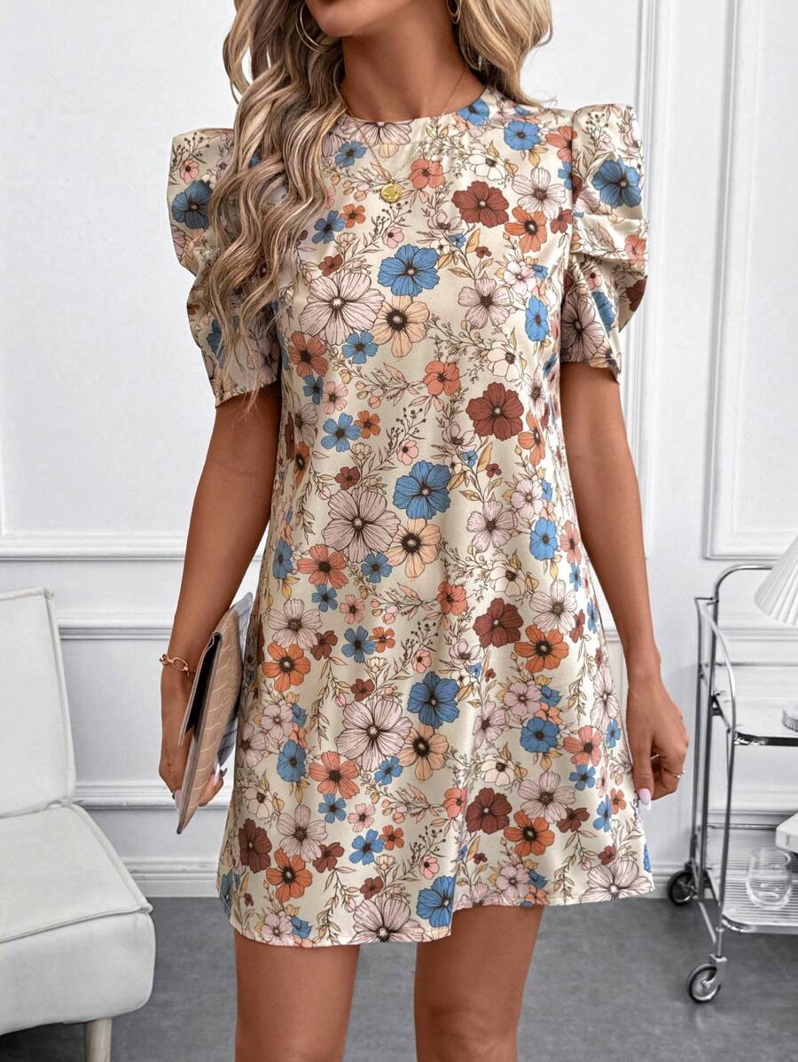 SHEIN Clasi Women's Early Spring Floral Print Short Sleeve Dress,Summer Dresses For Women - Khaki - View 1