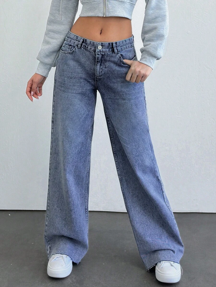 EURMUSE WOMEN WIDE LEG LOW WAIST JEANS - Medium Wash - View 1