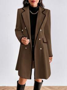 SHEIN Privé Women's Casual Two-Row Button Contrasting Trim Woolen Coat, Autumn/Winter - Coffee Brown - View 5