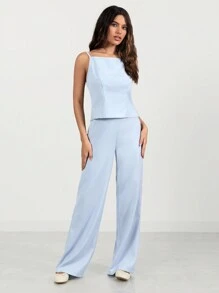 Glamine 女士淡蓝色 2 件套女士优雅花卉露背吊带背心上衣和直筒裤，适合约会、派对、情人节，百搭套装 - 藍色 - 查看 4