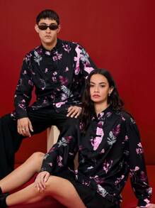 Manfinity VCAY 男女通用编织数码印花宽松落肩长袖休闲衬衫，中国风新年设计 - 黑色 - 查看 7