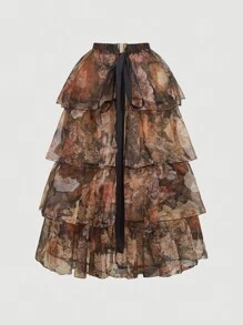 SHEIN MOD 大码复古全身花卉印花华丽二合一连衣裙，配有可拆卸多条裙子 - 宫廷风格、生日礼服、巡游礼服、堆叠礼服、万圣节礼服，适合夏季 - 橘色 - 查看 3