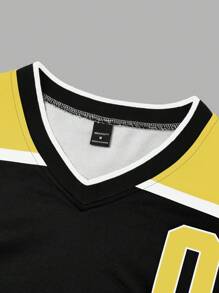 Manfinity Hypemode Sudadera de manga larga cuello en V informal con rayas numéricas para hombre, otoño/invierno