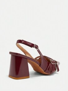 CUCCOO BIZCHIC 时尚黑色细带扣后带粗跟尖头 PU 皮革通勤派对活动节日平底鞋情人节春季鞋 - 酒紅色 - 查看 8