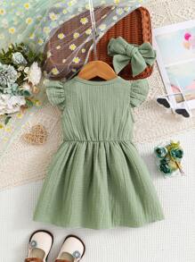 SHEIN Vintaside Kids 2 pezzi Vestito e fascia per capelli da bambina con dettagli in rete, ricami floreali e volant per l'estate, ideale per picnic e feste all'aperto