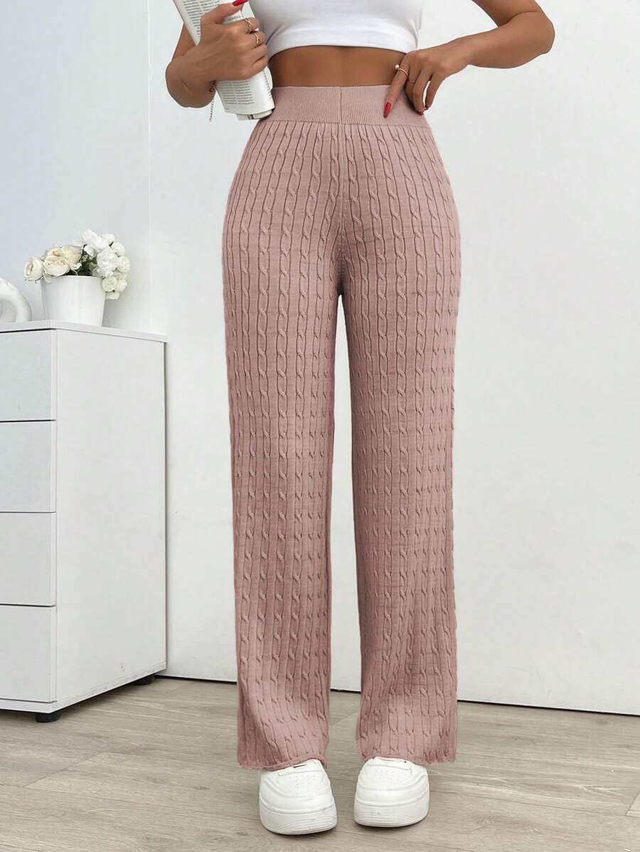 EURMUSE Women's Solid Color High Waist Straight Loose Fisherman Knit Long Pants - Dusty Pink - View 1