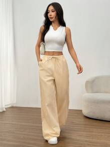 SHEIN EZwear Quần ống đứng kẻ sọc rộng rãi có thắt lưng cho nữ - Màu vàng - Xem 3