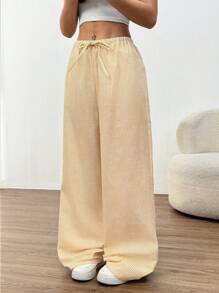 SHEIN EZwear Quần ống đứng kẻ sọc rộng rãi có thắt lưng cho nữ - Màu vàng - Xem 6