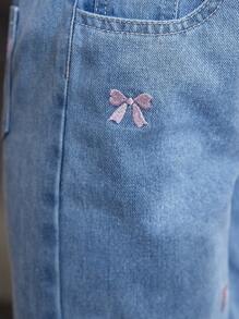 SHEIN Tween Girls Sweet & Cute Collegiate Style Pink Bow Embroidered Loose Comfortable Casual Wide Leg Jeans