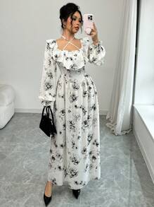 Modelyn 女士优雅花卉印花灯笼袖连衣裙 - 黑色 - 查看 1