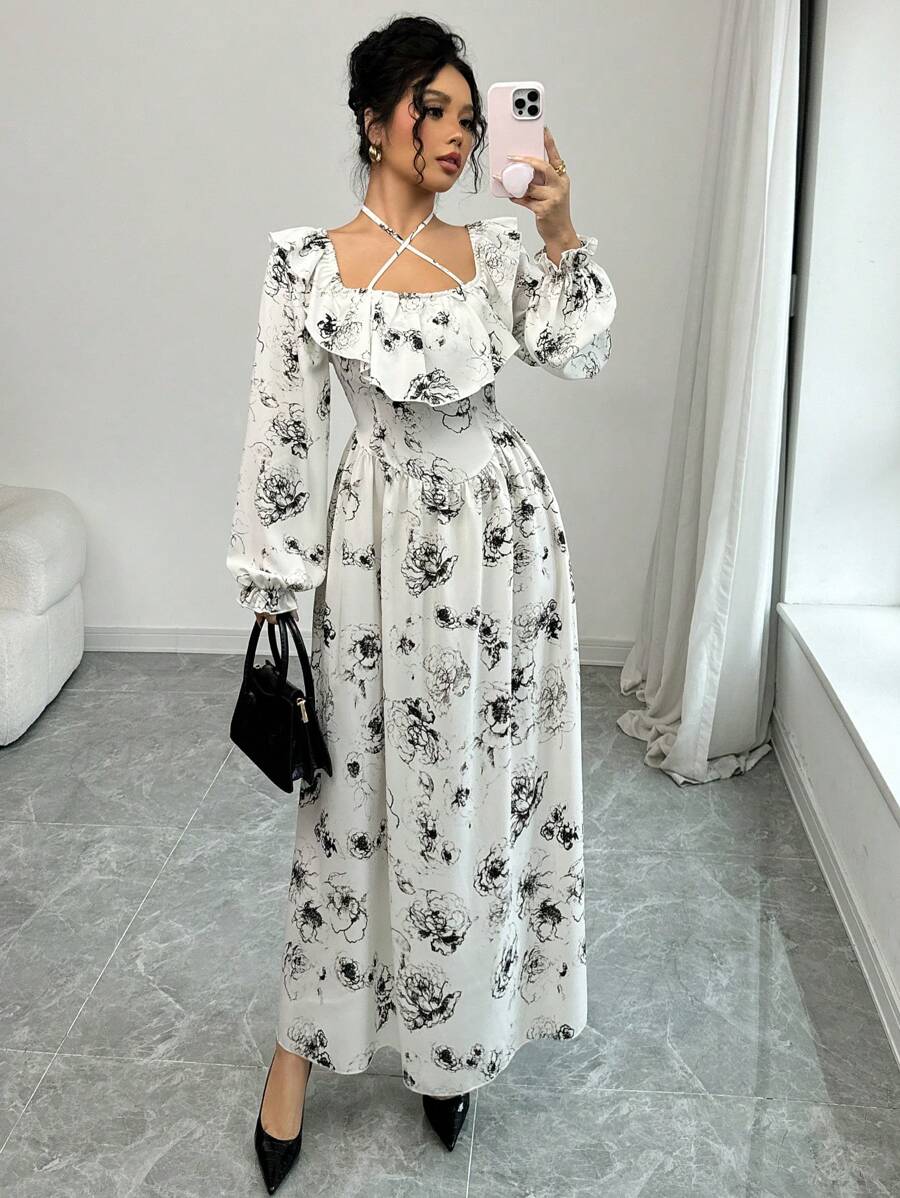 Modelyn 女士优雅花卉印花灯笼袖连衣裙 - 黑色 - 查看 1