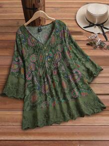 EMERY ROSE Plus Size Women's Paisley Print V-Neck Long Sleeve Loose Blouse,Summer Clothes - Multicolor - View 1