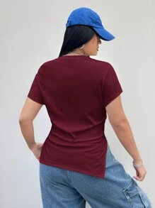 Coolane 大码抽绳侧不对称短款 T 恤，修身款，夏季 - 酒紅色 - 查看 3