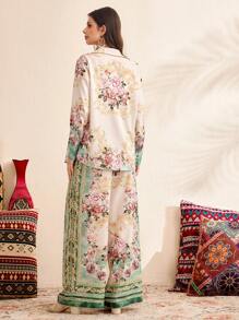 SHEIN 2 Pieces Maternity Loose Printed Shirt & Adjustable Waist Wide Leg Pants Set - Multicolor - View 2