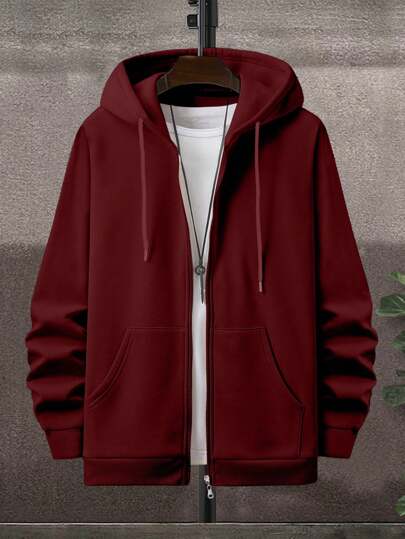 EURMUSE Men's Plain Color Long Sleeve Zip-Up Drawstring Hooded Casual Sweatshirt, Autumn