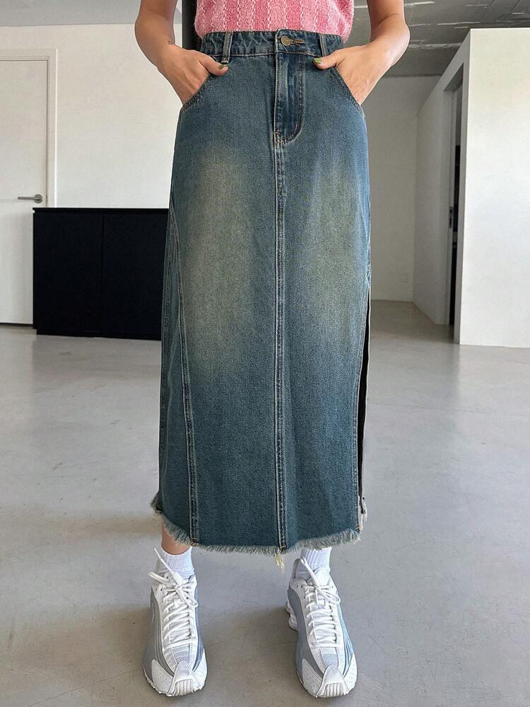 Women's Pocket Maxi Straight Denim Skirt With Frayed Hem, Casual Summer Jeans Skirt