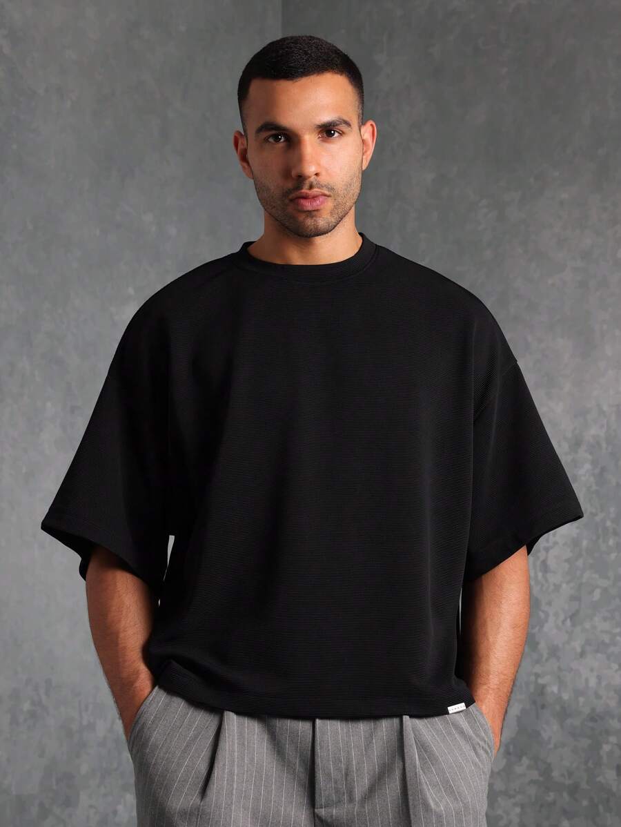 SUMWON Boxy Fit Textured Elbow Sleeve Essential Tee - Black - View 1