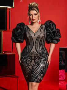 SHEIN Belle Đầm dự tiệc sang trọng tay bồng bềnh họa tiết hoa sequin màu đen cỡ lớn gợi cảm cho tiệc cocktail - màu đen - Xem 6