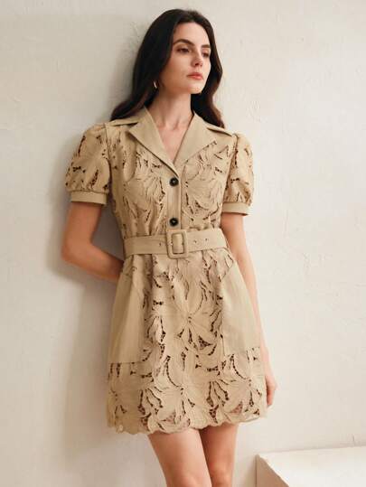 Anewsta Elaire Vestido con cinturón, cuello de camisa y estampado floral con cortes láser de alta calidad, atuendo de verano para vacaciones en la playa para el Día de San Valentín, primavera/verano