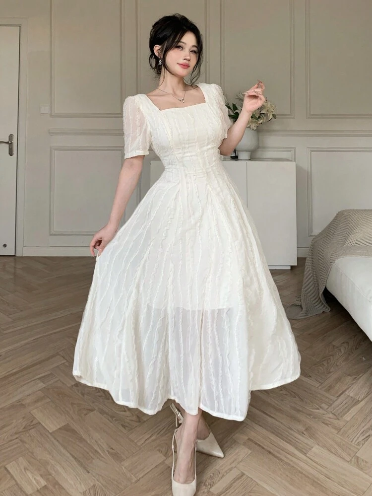 Vestido Longo Elegante Feminino de Cor Sólida e Textura com Cintura Marcada, Vestido Longo para Primavera/Verão