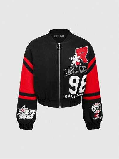 Fairycore Giubbotto bomber corto da donna imbottito, con spalle scese, colorblock e ricamo numerico