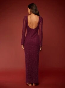 Opulessa 1 pieza Vestido de manga larga con espalda descubierta y cuello redondo, sexy y de manga acampanada, para fiesta - Rojo - Ver 5
