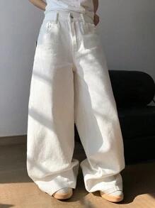 DAZY 女士休闲宽松阔腿牛仔裤，带口袋，百搭，宽松牛仔裤 - 白色 - 查看 6