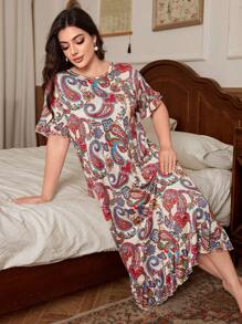 Trezura Women's Plus Size Vintage Paisley Print Round Neck Short Sleeve Casual Nightgown