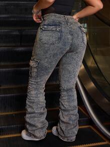 SHEIN ICON Quần Jeans Ống Loe Xếp Ly Túi Hộp Size Lớn Cho Nữ Thường Ngày - Màu xanh lam - Xem 2