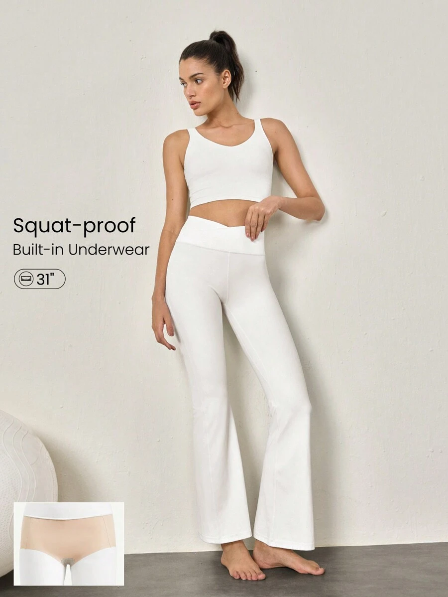 GLOWMODE 31" FeatherFit™ Flared Crossover Waist Leggings With Built-In Underwear Low Impact Yoga Pilates Daily - White - View 1