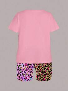 Maweii 2 piezas Conjunto de pantalones cortos de mujer de talla grande con estampado de leopardo con corazón con forma de garra "LOVE" y letra tigre