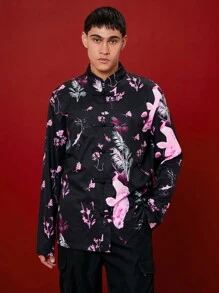 Manfinity VCAY 男女通用编织数码印花宽松落肩长袖休闲衬衫，中国风新年设计 - 黑色 - 查看 2