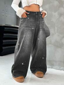 SHEIN ICON Black Plus Size Jeans Loose Straight Pants Diamond Jewelry Y2K Lined For Added Warmth Thermal Denim Jeans - Grey - View 4