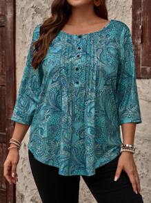 EMERY ROSE Plus Size Women Paisley Print Round Neck 3/4 Sleeve Button Half Placket Casual T-Shirt