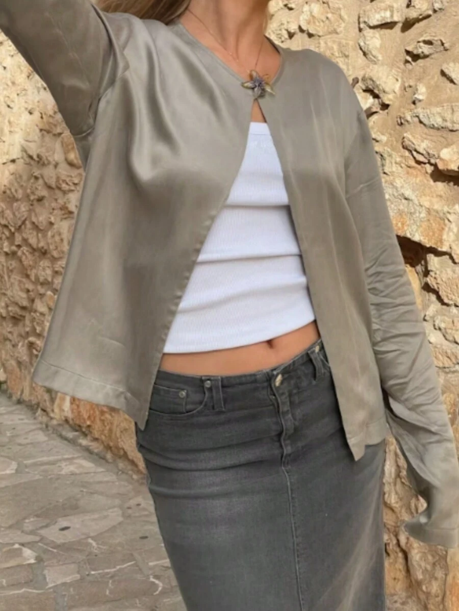 SHEIN Essnce 女式纯色落肩长袖常规单排扣衬衫 - 灰色 - 查看 1
