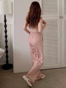 DAZY 2 件女式撞色饰边短款 T 恤和宽松长裤套装，休闲运动装，春夏