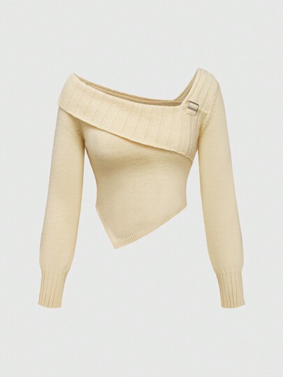 Kawaii Y2K Style Cream Yellow Off Shoulder Wide V-Neck Cinched Waist Asymmetric Hem Pullover Sweater