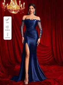 Glamrae Elegante y lujoso vestido largo de encaje bordado con volantes, escote hombros descubiertos, manga larga transparente y abertura en la falda con silueta de sirena, adecuado para bodas, fiestas, vacaciones, bailes y eventos formales (con abundantes adornos), para el Día de San Valentín - Azul Marino - Ver 8